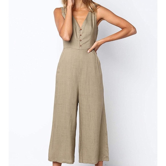 Jumpsuit Casual Button Deep V Neck Sleeveless - Picture 4 of 7